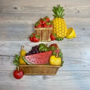 Vintage 1975 2 pc Homco Wall Decor Fruit Basket Apple Strawberry Watermelon.